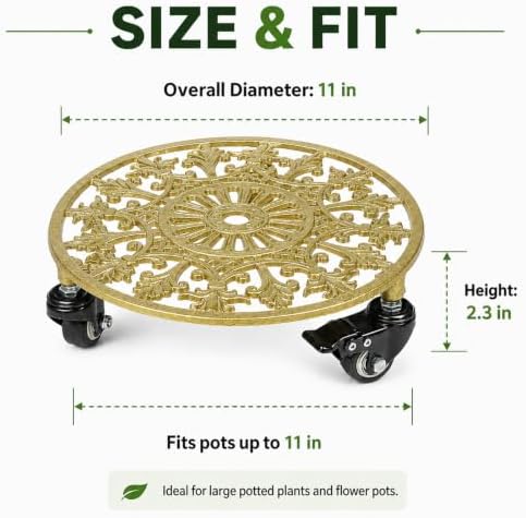 2 Pack 11" Heavy Duty Round Metal Plant Caddy with Wheels, Gold - Image 2