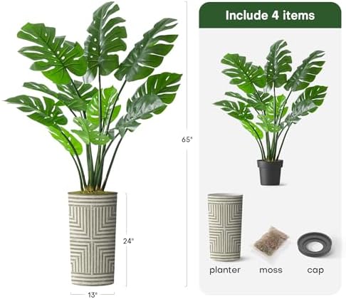 Artificial Tree in Geometric Pattern Planter, Fake Monstera Silk Tree for Indoor and Outdoor Home Decoration - 65" Overall Tall (Plant Pot Plus Tree) - Image 3