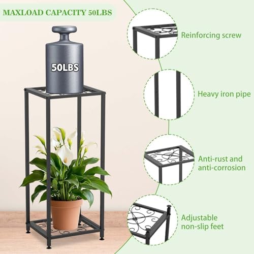 2 Tier Tall Metal Plant Stand Indoor Outdoor, Square Stand (Black) - Image 6
