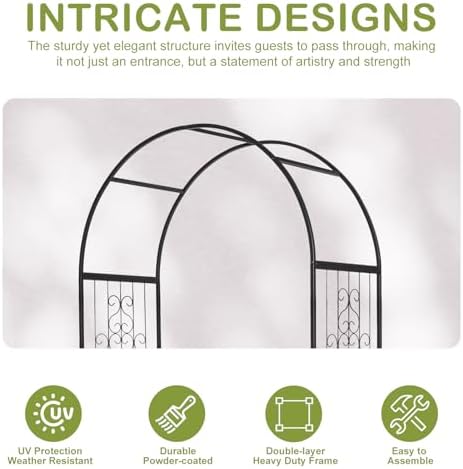 Outvita Black 7FT Metal Garden Arch with Entry Door & Ground Stakes - Image 6