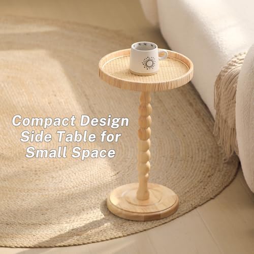 Small Side Table，Rattan Round Drink Tables for Small Spaces, Boho Circle Accent Table Coffee Table with Solid Wood Leg for Living Room, Pedestal Table for Bedroom, Corners - Image 6
