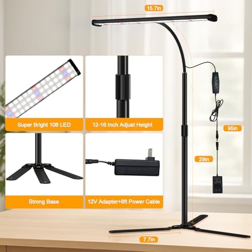 GYTF Super-Bright Plant Grow Light, 6000K 108LEDs Full Spectrum Plant Lamp with Timer 4/8/12Hrs & Height Extendable for Home Office Desktop Indoor Plants, 12V 3A High Power Output for Faster Growth - Image 6