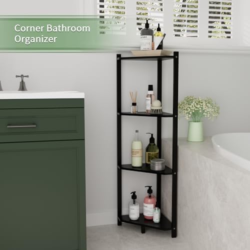 Wisuce Bamboo Small Corner Shelf Stand, 4-Tier Black Corner Bookshelf - Image 4