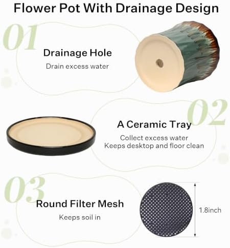 6.6 Inch Ceramic Planters with Drainage Hole and Saucer,Indoor Outdoor Large Flower Pots, Garden Pot for Plant Lovers (Drip Blue) - Image 4