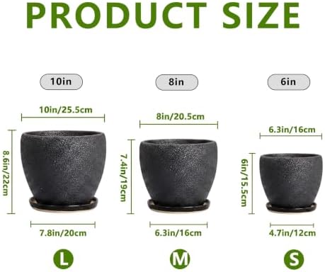 Ceramic 10+8+6 Inch Planter, Ceramic Pots for Plants, Relief Black - Image 3