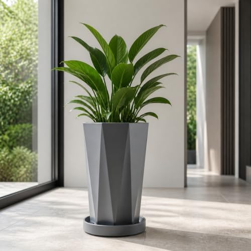 Geometric Faceted Floor Pot with Tray | Minimalist, Octagonal Planter with Tray, Modern, Container Holder, for Living Room, Indoor Garden, Interior Design, Grey, M - Image 2