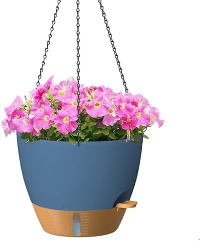 ZMTECH 12 Inch Large Self Watering Hanging Planters for Indoor Outdoor Plants - Water Level Indicator & Removable 60 Oz Reservoir, 1 Pack Plastic Hanging Basket for Window Porch Garden Balcony, Blue by HighQualityGardeningTools