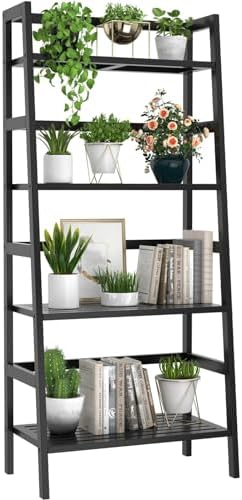 Homykic Black Ladder Shelf, 4-Tier Bamboo Bookshelf & Bookcase Organizer by Homykic
