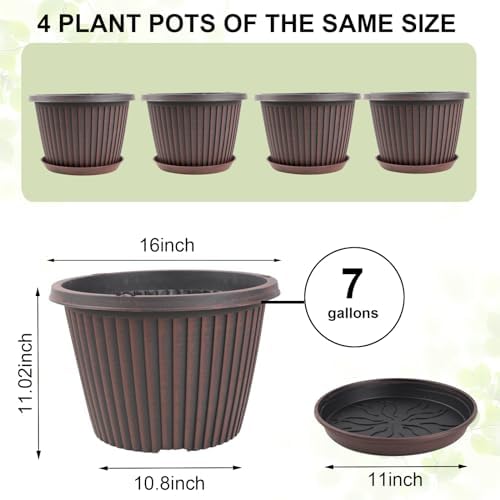 Large-Planter-Indoor-Outdoor Plant Pots, 16 inch 4 Pack Plastic Flower Pots with Saucer And Drainage Holes, Modern Garden Planters For Planting Medium Large Plants， Decorative Resin Garden Pots - Image 3