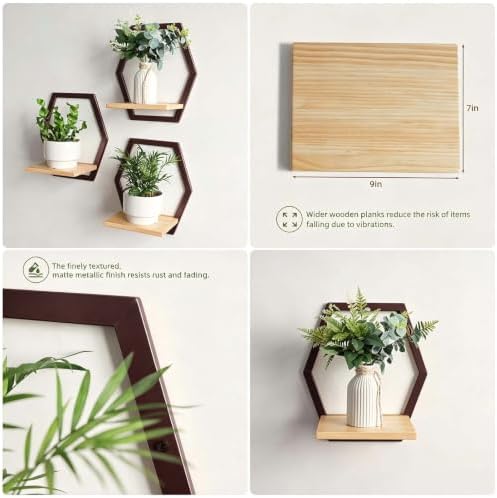 3 Pack Hexagon Wall Plant Stands, 9 Inch Wood Shelf, Coffee - Image 5