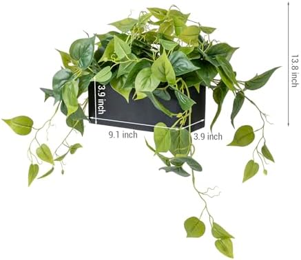 MyGift Vibrant Lifelike Artificial Plant Pothos Leafy Vine Greenery in Black Concrete Rectangular Planter Box - Image 5