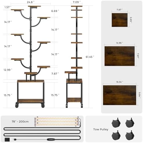 Plant Stand Indoor with Grow Lights - 9-Tier Plant Stand with Wheels, Tall Metal and Wood Indoor Plant Shelf with Tree Design, Rolling Flower Pot Holder Rack with Waterproof Finish, Adjustable Display Stand for Home Garden, Patio, 62" Tall - Image 6