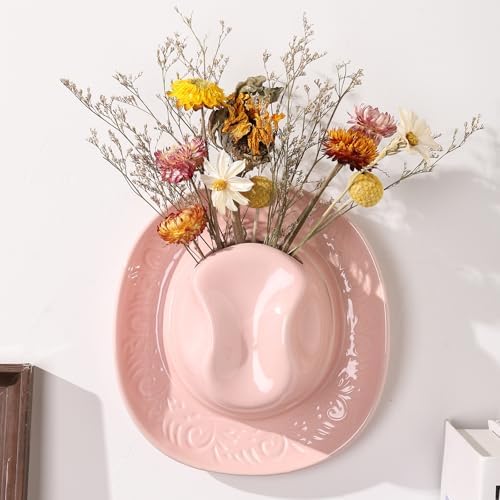 Hanging Wall Planters for Indoor Plants, Wall Vases for Flowers, Ceramic Cowboy Hat Vases for Decor, for Bathroom, Living Room, Office, and Home Decor.Light Pink Medium by KGCCIZI