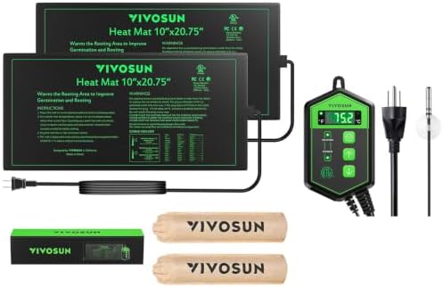 VIVOSUN 2 Pack Durable Waterproof Seedling Heat Mat Warm Hydroponic Heating Pad 10’’ x 20.75’’ and Digital Heat Mat Thermostat Temperature Controller 40–108 ºF for Reptiles, Seedlings, Germination by VIVOSUN