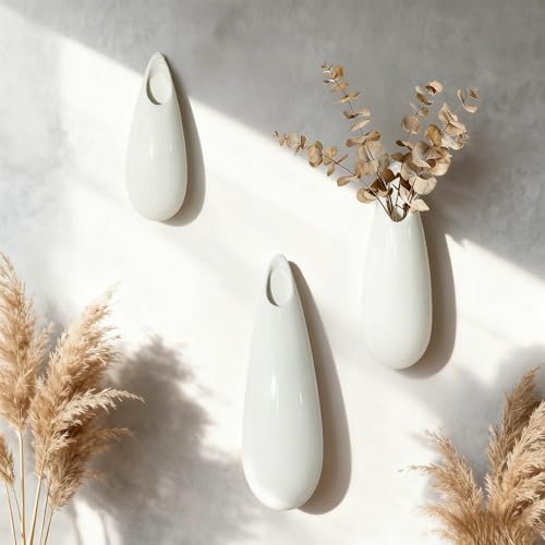 White Ceramic Wall Vases, Set of 2, 12 Inch, Teardrop Design - Image 3