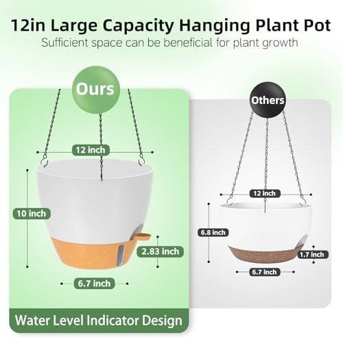 ZMTECH 12 Inch Hanging Planters for Indoor Outdoor Plants, 2 Pack Self Watering Hanging Plant Pots with Drainage Hole, Visual Reservoir, Plastic Flower Hanging Pots with Watering Lip (White) - Image 5