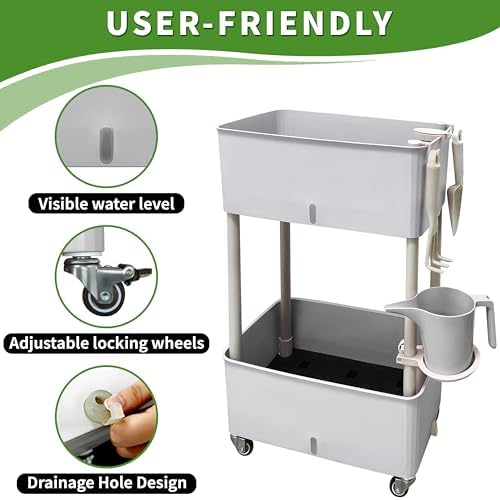 Self-Watering Raised Planter Box with Lockable Wheels,2-Tier Elevated Garden Bed with Visible Water Level Window,Indoor Outdoor Plastic Plant Box for Flowers,Vegetables & Herbs - Image 3