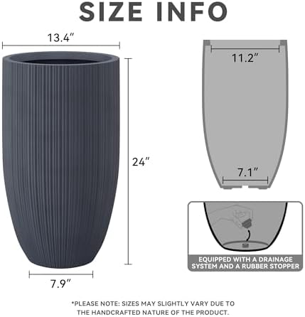Kante 24 Inch Tall Concrete Planter, Outdoor Indoor Large Plant Pots with Drainage Hole and Rubber Plug for Home Garden Patio Porch Textured Charcoal - Image 2