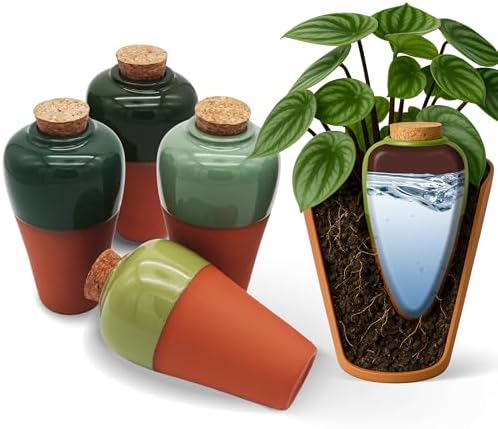 Terracotta Self Watering Planter Insert - Set of 4 Clay Ollas with Slim Bottom for Easy Soil Insertion, Glazed Top, Slow-Release Plant Watering System for Indoor & Outdoor Plants by CozyChrysalis