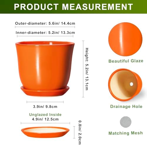 5.6 Inch Plant Pot - Ceramic Pots for Plants Indoor Outdoor, Succulent Pot with Drainage Hole and Saucer, Round Modern Flower Pots, Garden Home Room Decor, Gifts for Plant Lovers, Orange - Image 2