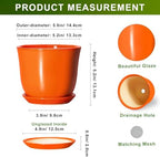 5.6 Inch Plant Pot - Ceramic Pots for Plants Indoor Outdoor, Succulent Pot with Drainage Hole and Saucer, Round Modern Flower Pots, Garden Home Room Decor, Gifts for Plant Lovers, Orange - Image 2