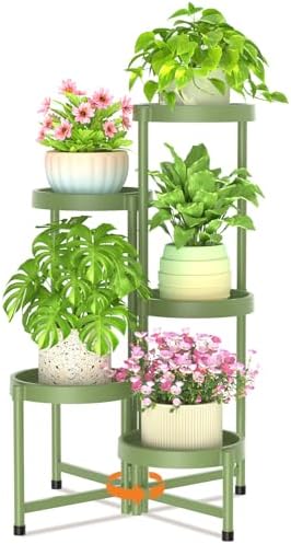 LASZOLA Plant Stand Indoor Outdoor Tall with Plastic Tray, 5 Tiers Green by LASZOLA