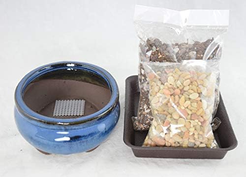 6" Oval Dark Blue Glazed Bonsai Pot, Cactus & Succulent Planter + Soil + Tray + Rock + Mesh Kit (638-6B KIT) - Image 3