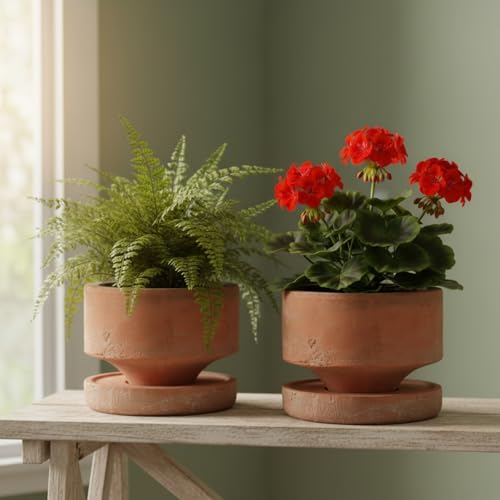 Yungyan 2 Set 4.3'' Rustic Terracotta Plant Pot with Drainage Saucer Vintage Breathable Clay Planter Farmhouse Flower Pot Distressed Finish for Flower Succulent Modern Home Garden Decor(Round) - Image 4