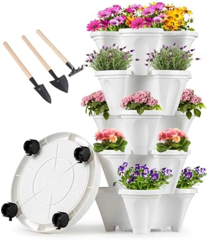 GameXcel Vertical Planter Tower - 5 Tier Stackable Garden Planters with Wheels and Tools Plant Pots for Strawberry Herb Flower and Vegetable Indoor Outdoor Use White by GameXcel