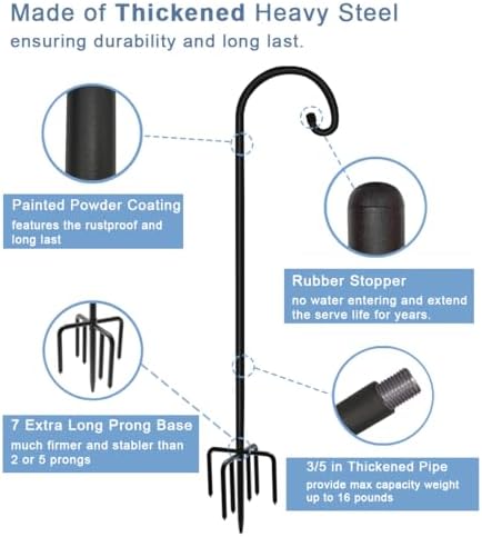 Artigarden 108 inch Outdoor Shepherd Hook with 7 Prong Base (1 Pack), Adjustable Heavy Duty Garden Hanging Stake for Bird Feeder Solar Light Plant Hanger Wedding Decor, Matte Black - Image 2