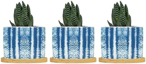 Animal Planters Ceramic White Blue Animal Strip Round Flower Pots with Drainage Holes and Bamboo Tray Pot for Indoor Outdoor Garden by BRUYU5SE