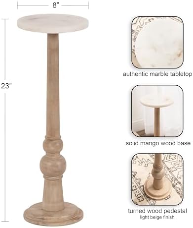 Kate and Laurel Wegner Transitional Wood and Marble Round Drink Table; 8 x 8 x 23; White Marble and Light Natural Wood; Modern Pedestal Table for Use as Indoor Plant Stand or Decorative Mini Table - Image 3
