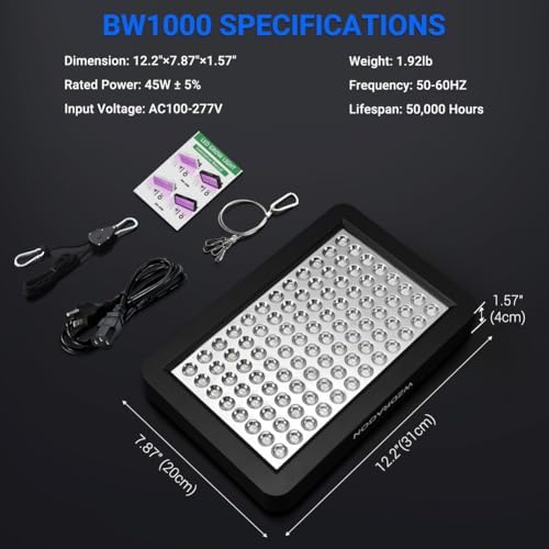 Upgraded BW1000 LED Grow Lights Double Chips Full Spectrum with 10ft Cable for Greenhouse and Indoor Plant Veg and Flower Growing [Black] - Image 7
