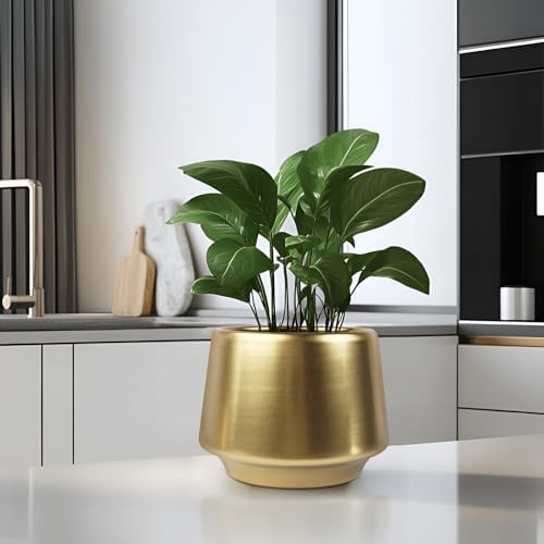 Gold Indoor Plant Pot 7 Inch Large Ceramic Planter With Drainage Hole - Modern Brass Flower Pot Centerpiece Vase - Decorative Greenery Potted for Indoor Plants - Image 2