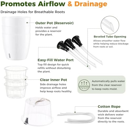 Upgraded Self Watering Pots for Indoor Plants, 8-Pack 5/6.7 Inch Top-Fill Self Watering Planter with Water Window, Clear Wick Inner Basket with Drainage, White (5 Pcs 5" and 3 Pcs 6.7") - Image 5