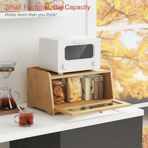 Goozii Wood Bread Box for Kithcen Countertop, Rustic Breadox Storage Container for Homemade Bread, Small Compact Bread Keeper Holder Organizer with Window (Natural Bamboo) - Image 3