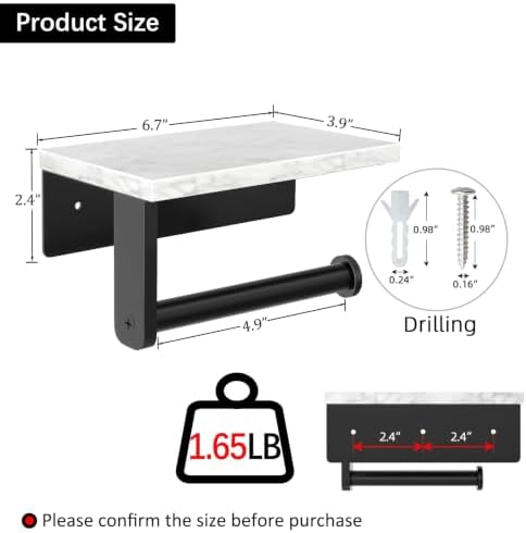 Gypie Marble Toilet Paper Holder with Shelf, Wall Mounted Matte Black - Image 3