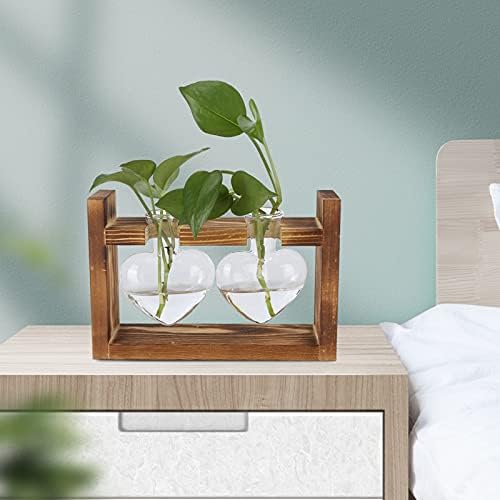 Plant Terrarium with Wooden Stand,Heart Shaped Transparent Glass Vase Flower Pot Hydroponics Plant Propagation Station for Hydroponics Plants Home Office Decor (Retro Box + 2 - Image 3