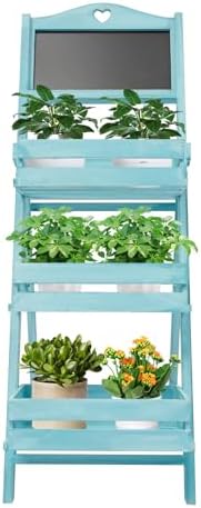 Wooden Plant Stand with Chalkboard, 3-Tier Solid Wood Plant Stand, Fir Wood Ladder Shelf for Indoor/Outdoor Plants, Succulents, 22lbs Load Capacity (Blue) by Unknown
