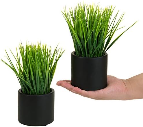 MyGift Tabletop Artificial Grass Plants Decorative Faux Greenery Plant Potted in Modern Cylindrical Black Cement Pots, Set of 2 - Image 6