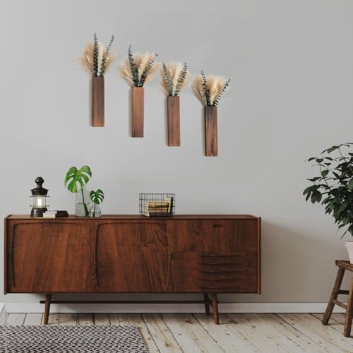 Wall Vase Set of 4 – Wooden Hanging Vases with Pampas Grass & Eucalyptus Dried Flowers – Modern Farmhouse Home Decor for Living Room, Entryway, Bathroom, Hallway & Dining Room - Image 5