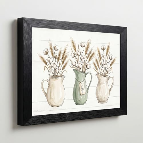 Framed Canvas Wall Art Vintage Watercolor Pitchers Cotton and Wheat Sage Green Gather Script Canvas Print Poster Black Frame Wall Decor for Farmhouse Dining Room Kitchen, Rustic Decor - Inch 16x20 - Image 5