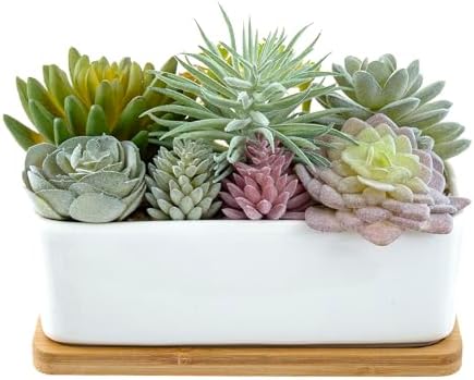 MyGift Faux Succulent Plant Arrangement, White Ceramic Pot with Bamboo Tray - Image 4