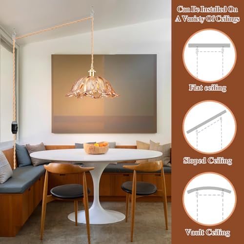Plug in Pendant Light Fixtures,Hanging Light Fixture Amber Glass Pendant Light 10.6in E26 Pendant Lighting for Kitchen Island, Bedroom, Dining Room, Living Room - Image 2