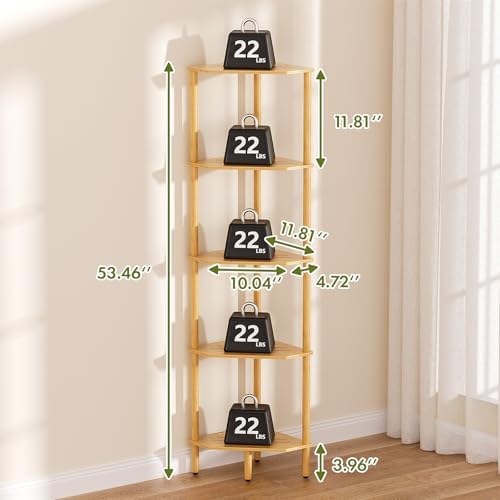 Corner Shelf, 5 Tier Bamboo Corner Bookshelf, 54" Tall Narrow Bookcase, Plant Stand, Corner Display Rack, Shower Caddy, Display Standing Shelf Organizer for Bedroom, Living Room, Kitchen, Apartment - Image 2