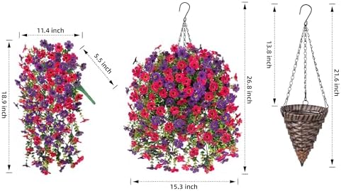 HyeFlora Artificial Hanging Flowers Basket for Outdoor, Fake Flowers Faux Plants Look Real for Yard Gardens Porch Patio Home (Darkpurple+Hotpink) - Image 4