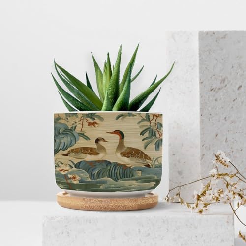 Garden Planters Ceramic Round Plant Pot with Drainage Holes and Bamboo Tray Pot for Home Desktop Office Windowsill - Image 7