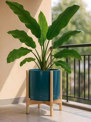 D'vine Dev Ceramic Pot with Natural Wood Stand, Teal, 14 in, 55-B-R-4 - Image 2