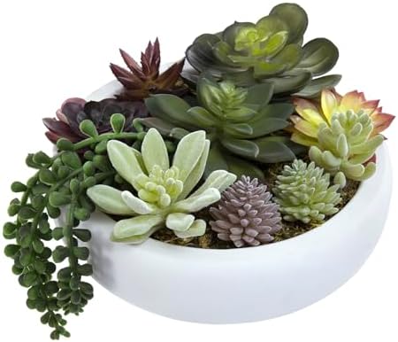 MyGift 8 Inch Round Modern Artificial Succulent Arrangement Potted in White Concrete Plant Bowl, Assorted Faux Mini Succulents in a Decorative Planter Pot by MyGiftHome