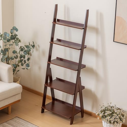 DOUSY-5-Tier Ladder Shelf Bookcase, Bamboo Ladder Bookshelf Leaning Book Shelf, Freestanding Storage Shelf Boho for Living Room, Home Office, Bedroom, Balcony, Dark Walnut - Image 4